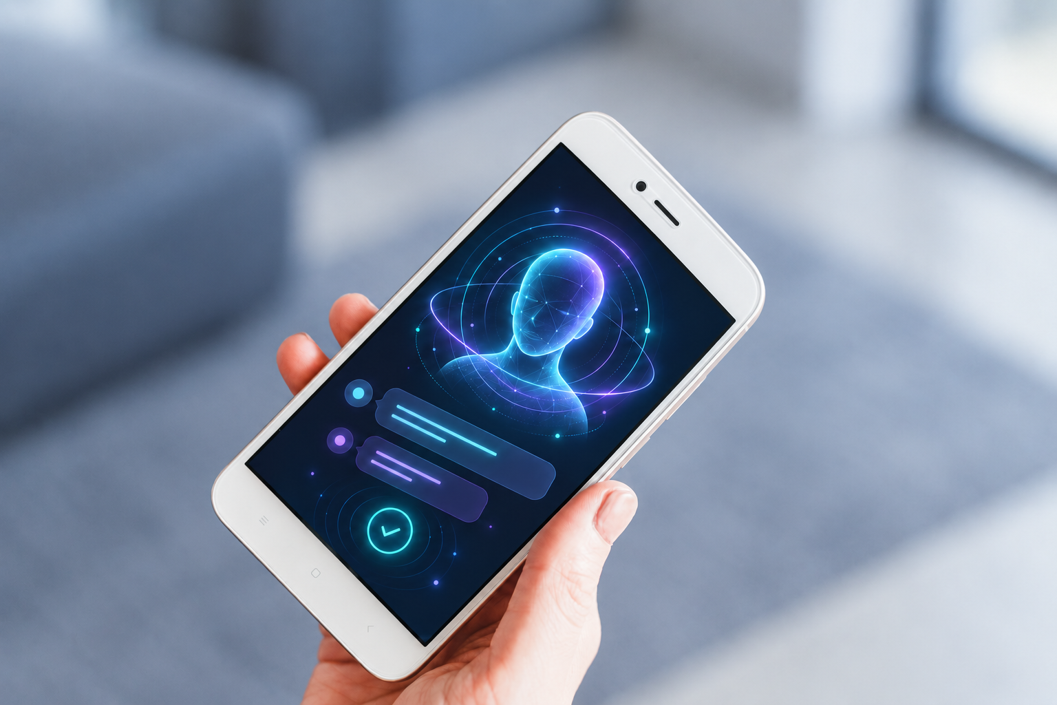 Illustrative futuristic AI agent displayed on a customer’s smartphone