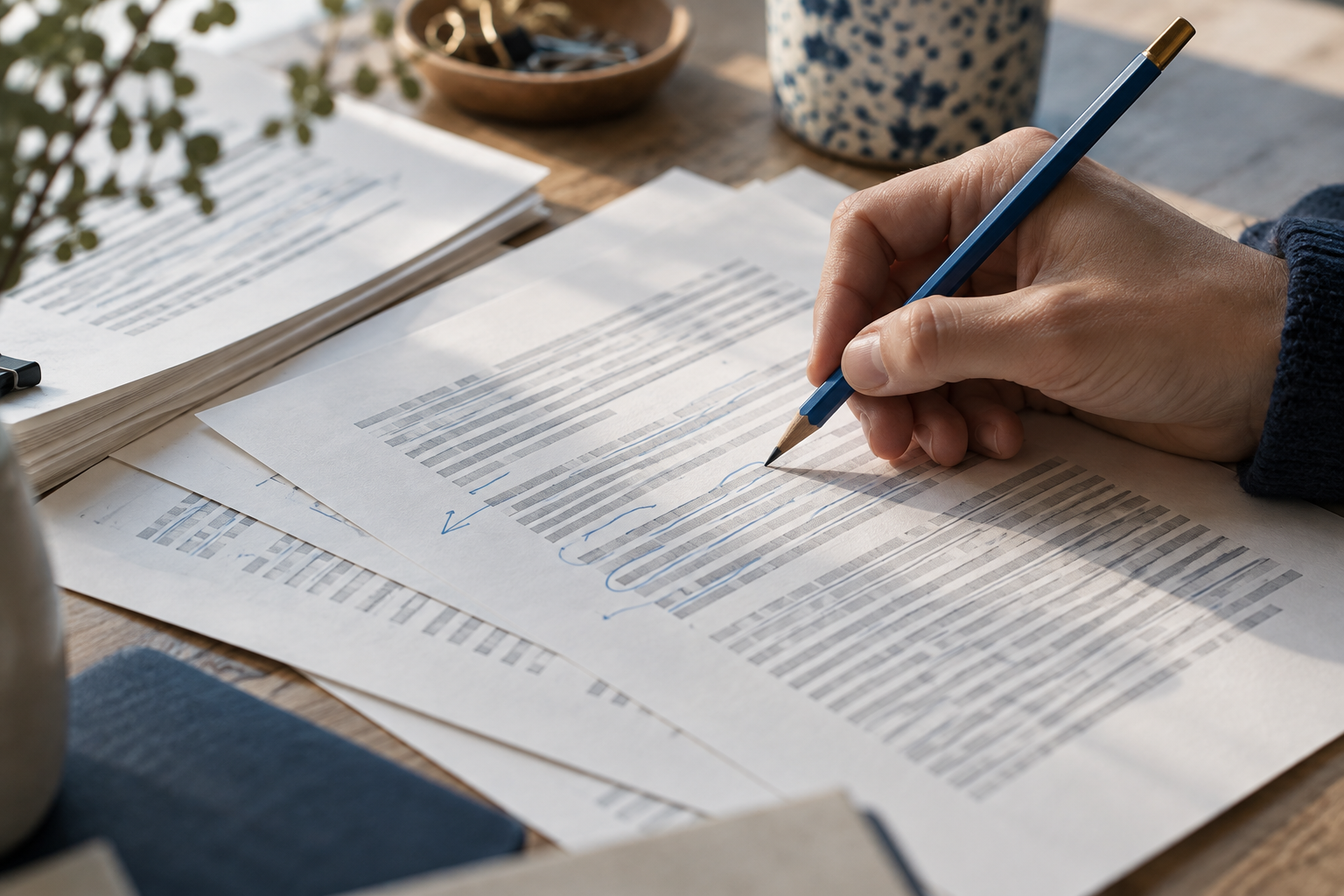 An editorial scene of a draft being revised