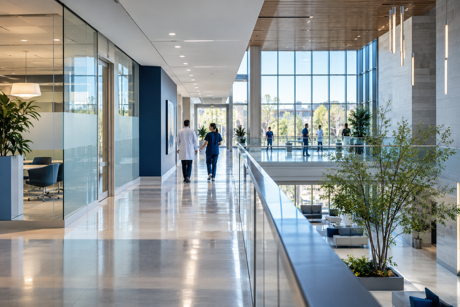 Illustrative healthcare administration atrium with staff in the distance