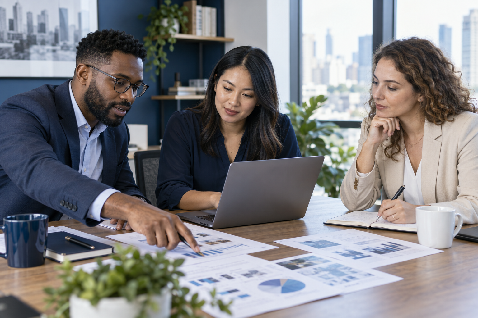 Three professionals reviewing project documents together beside a laptop