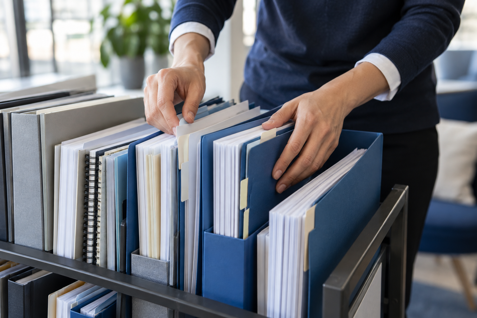 Illustrative close-up of reference documents being organized