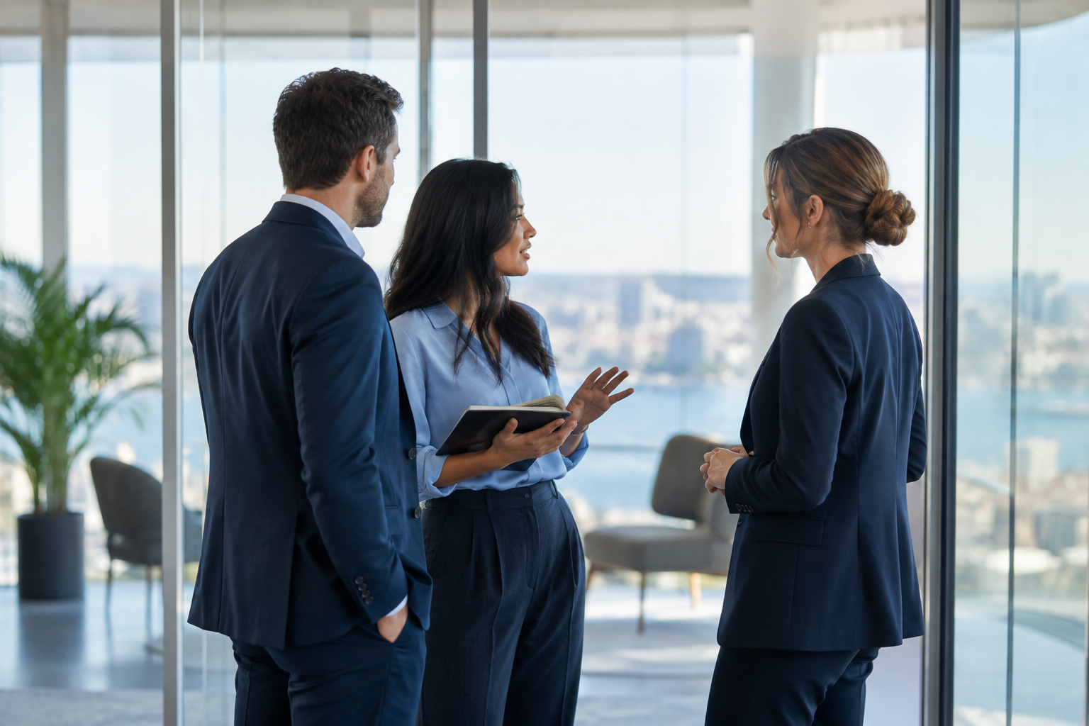 Illustrative discussion among professionals in a meeting space